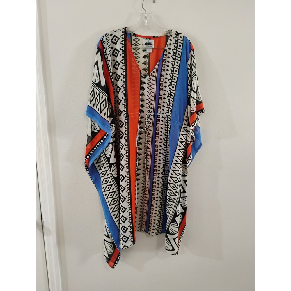 Metropolitan Kaftan Top One Size Geometric Tribal Print Orange Blue Cover Up